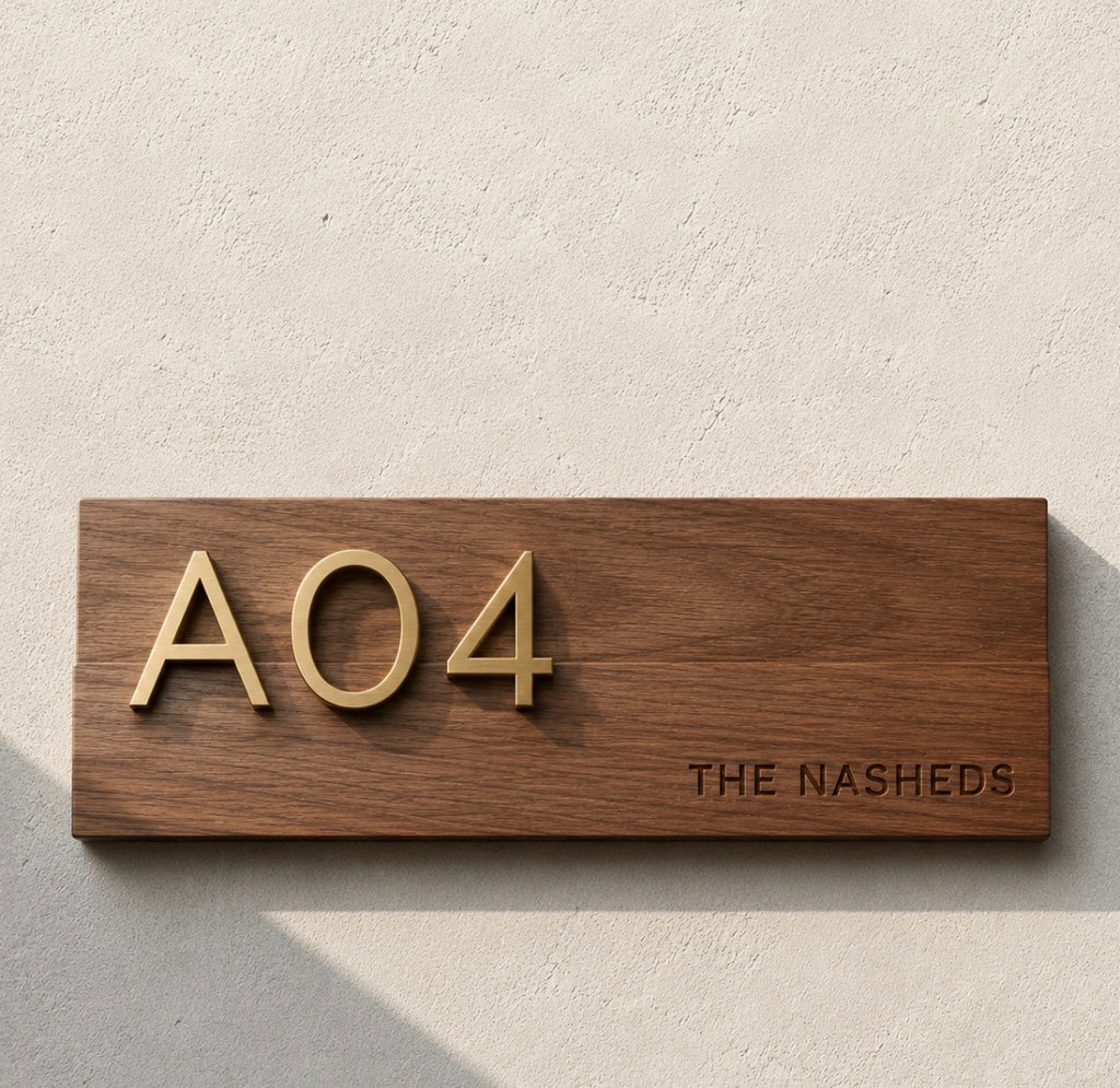 Modern Wooden House Sign with Brass Numbers