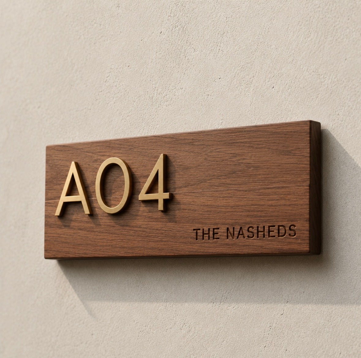Modern Wooden House Sign with Brass Numbers