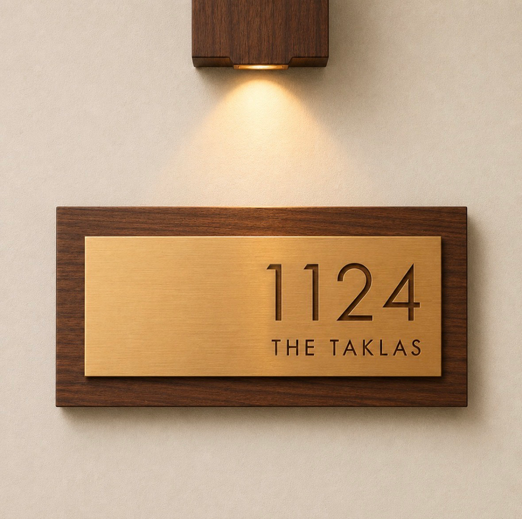 Modern Wooden House Sign with Brass