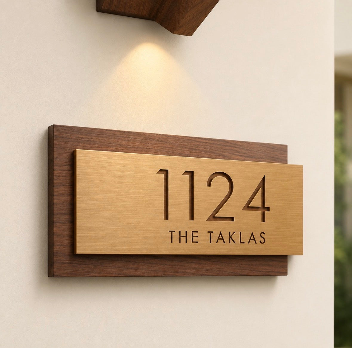 Modern Wooden House Sign with Brass