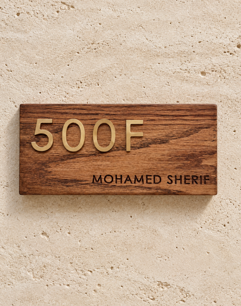 Modern Wooden House Sign with Brass Numbers