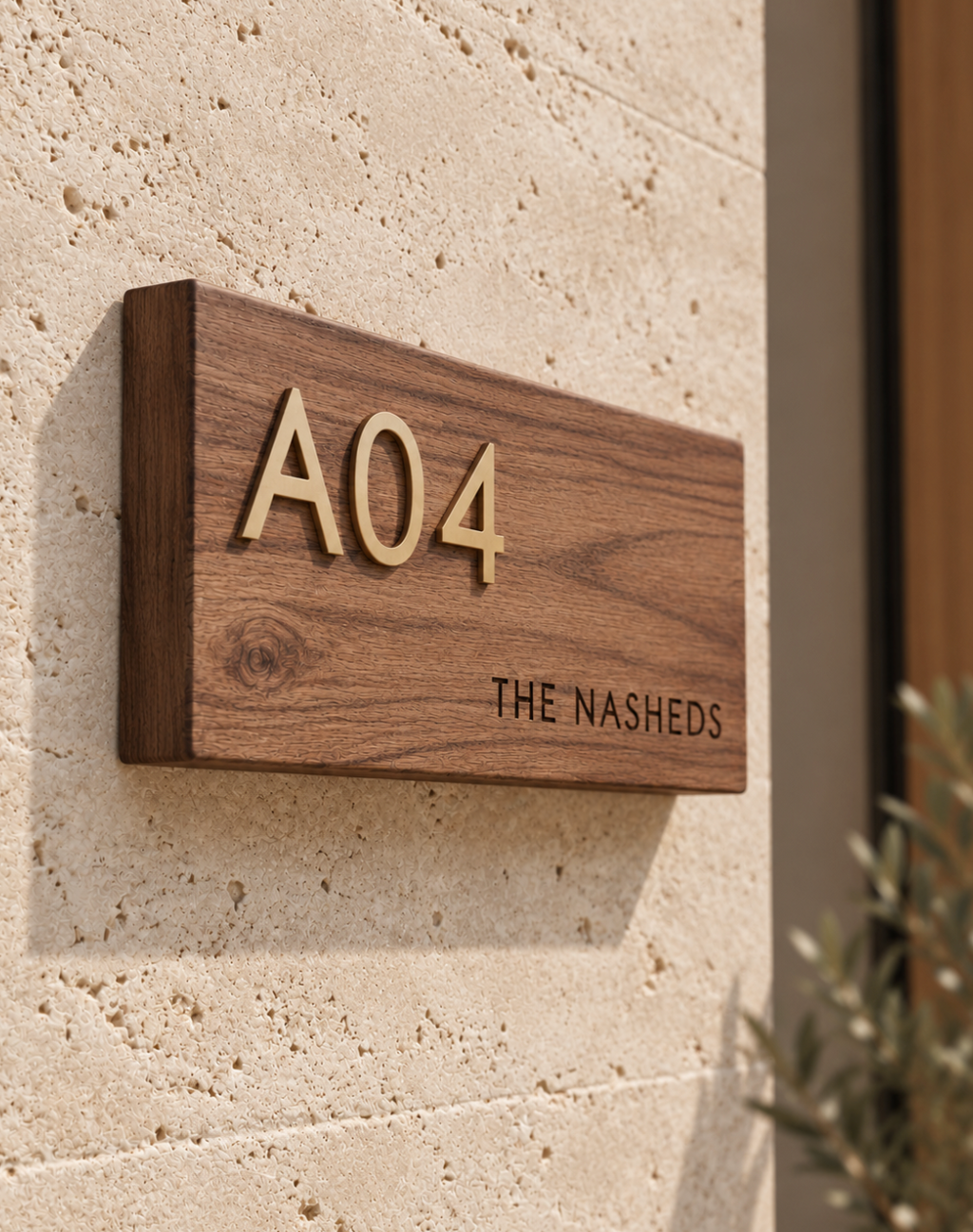 Modern Wooden House Sign with Brass Numbers