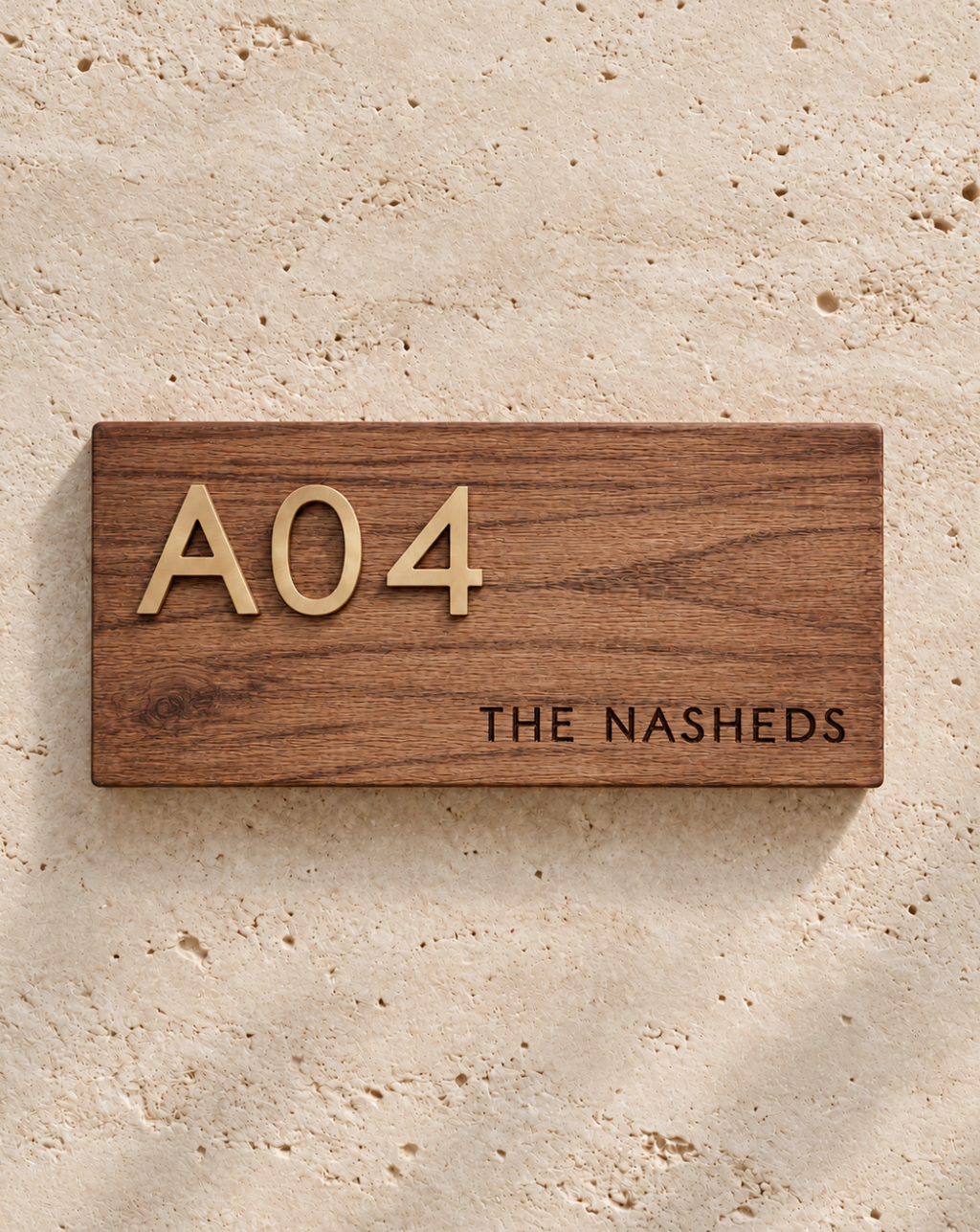 Modern Wooden House Sign with Brass Numbers