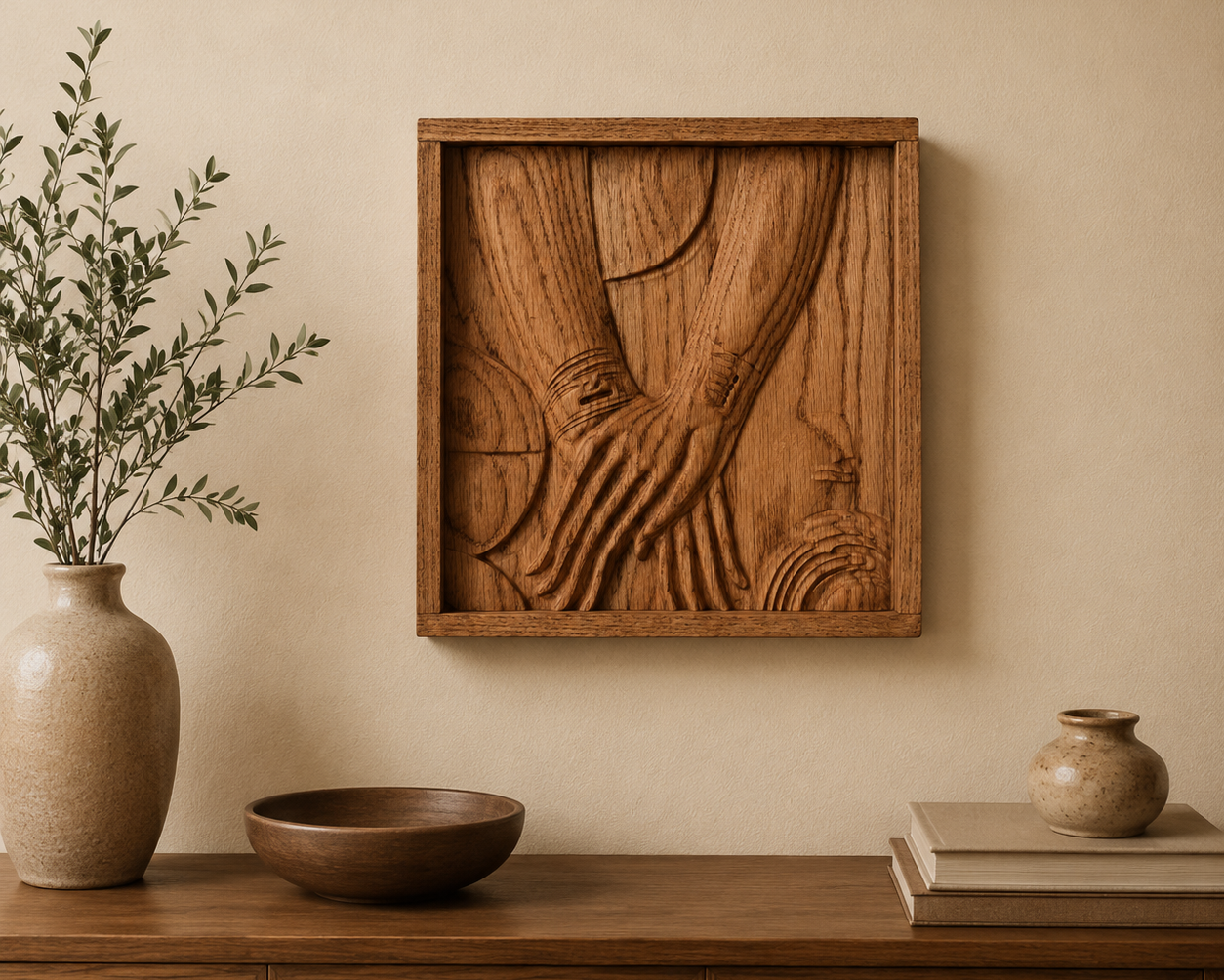 A square framed wooden wall art piece with a carved relief design of hands, displayed on a beige wall above a wooden console table with a vase, bowl, and books.
